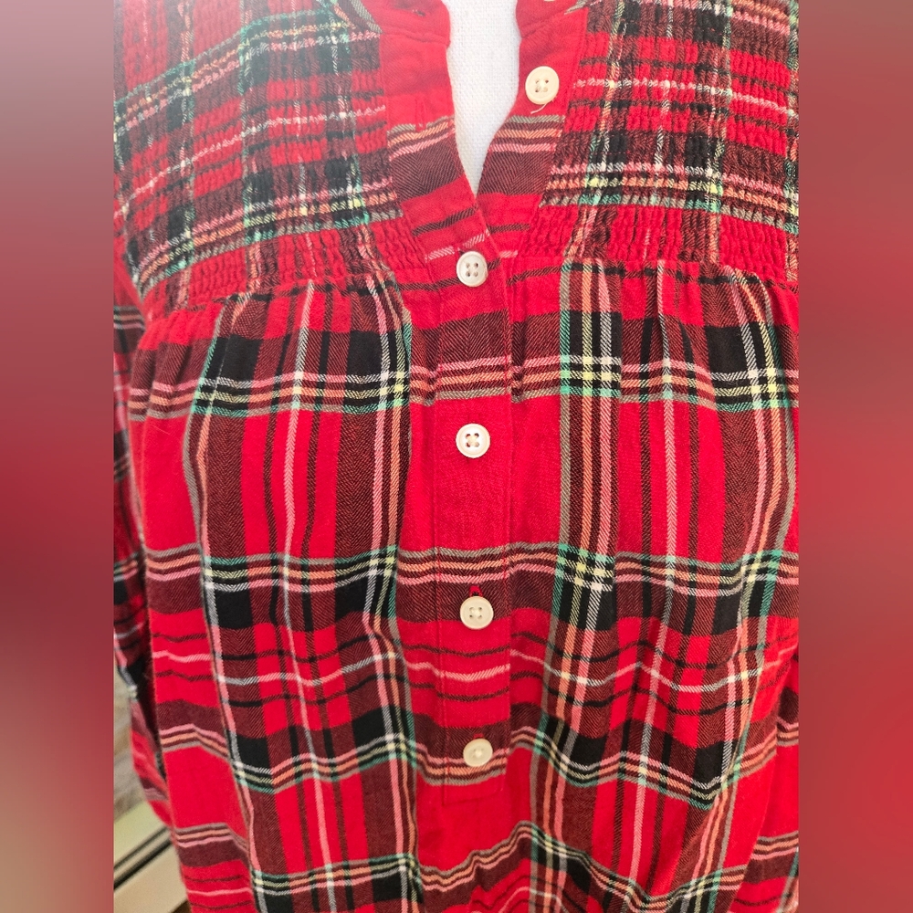 J. Crew Red Plaid Smocked Blouse with Green Accents Dize XS - Picture 4 of 4